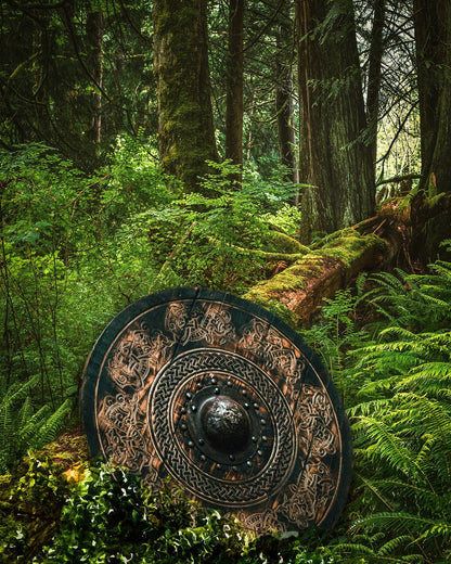 Viking Shield with Carved Norse Drake Artwork, 24"