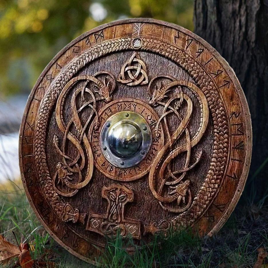 Carved Norse Runic Shield with Jörmungandr Ornaments, 24"