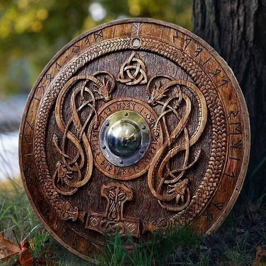 Carved Norse Runic Shield with Jörmungandr Ornaments, 24"