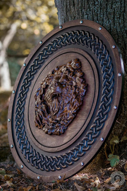 Berserker Bear Totem Oaken Carved Viking Shield, 24"