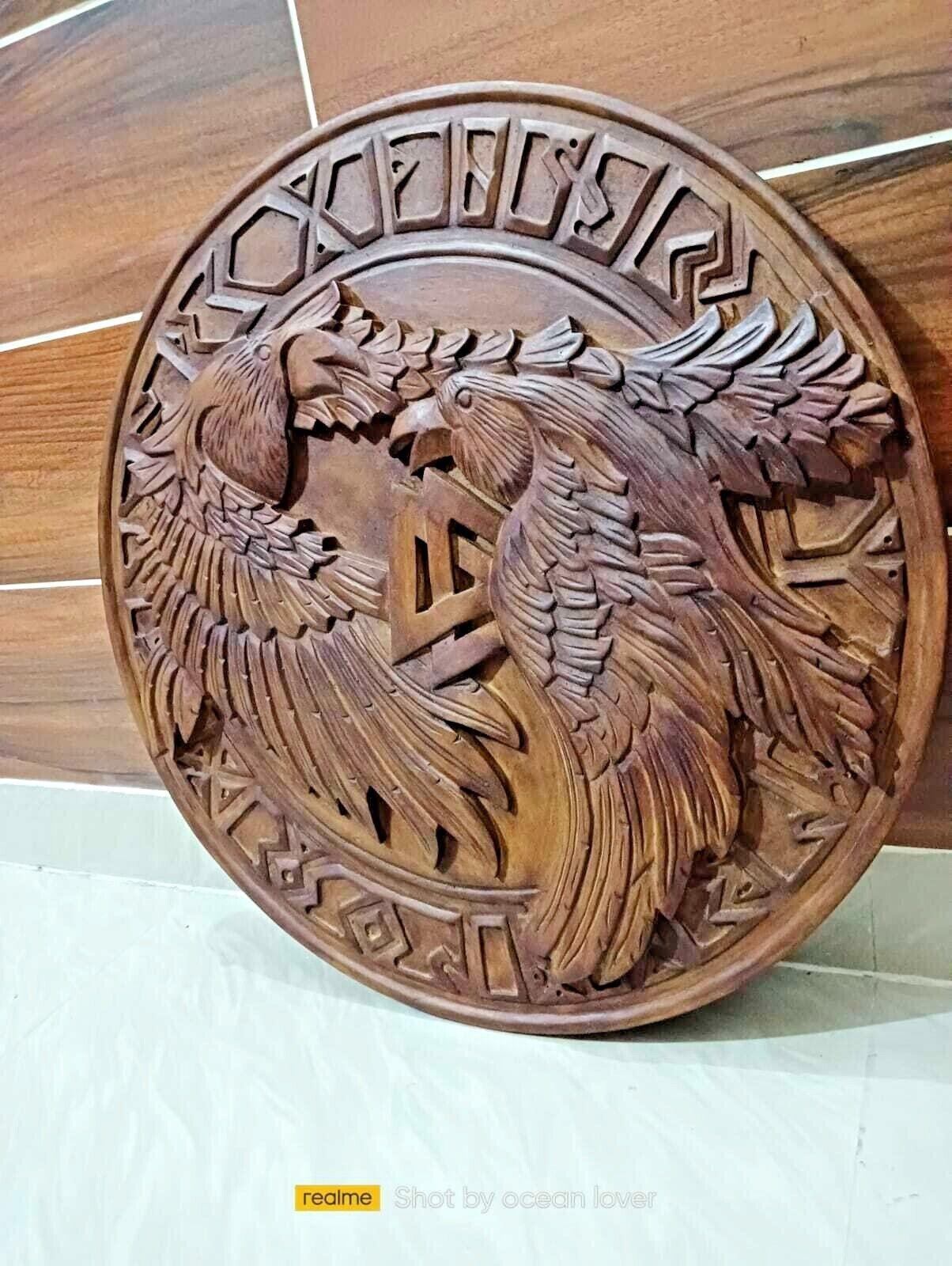 Odin's Ravens And Valknut Handmade Carved Viking Shield, 24"