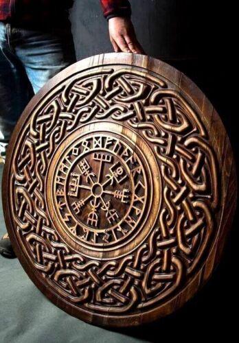 Handcarved Birch Viking Shield with Nordic Vegvisir Symbol, 24"