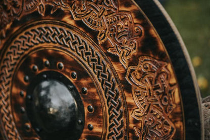 Handcarved Dark Stained Drake Knotwork Viking Shield, 24"