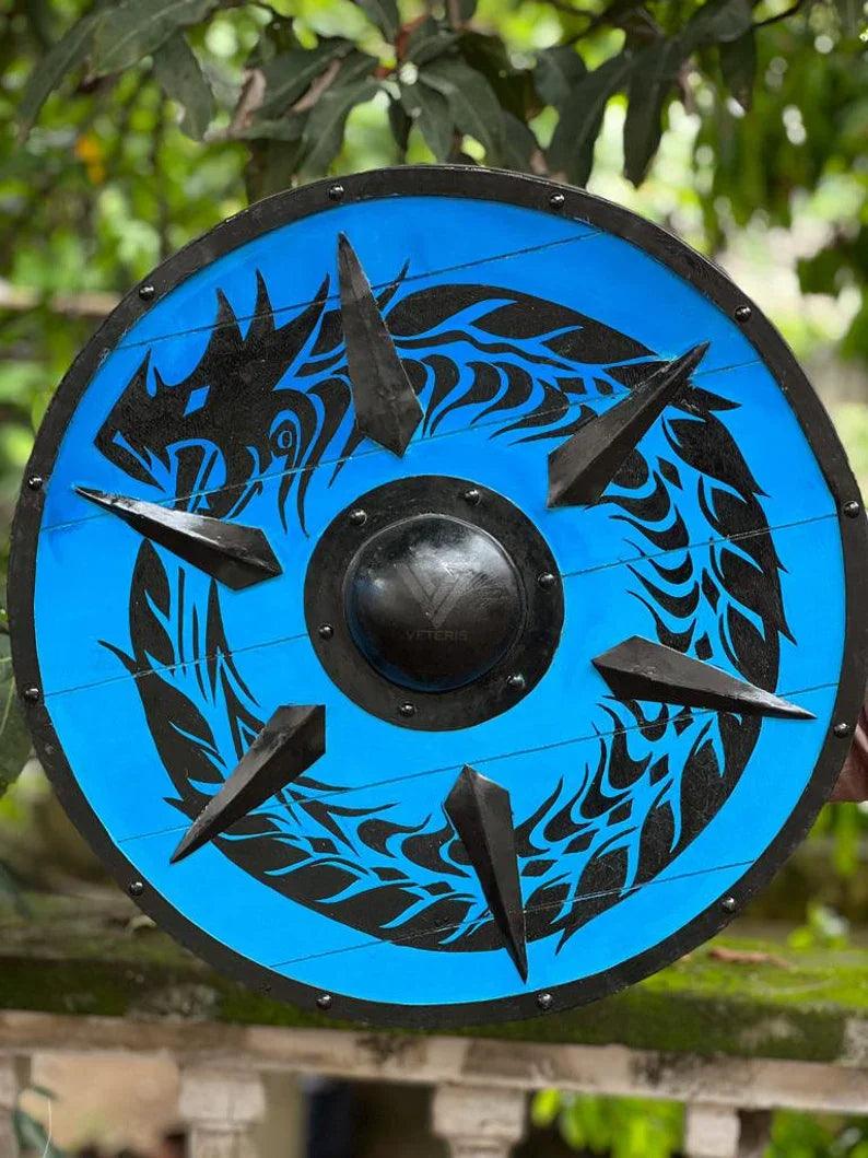 Viking Round Shield, 24 Inch Knight Battle Medieval Warrior Dragon Ship Armor Wooden Shield Best Wall Décor Gifts - collectiblegiftitems