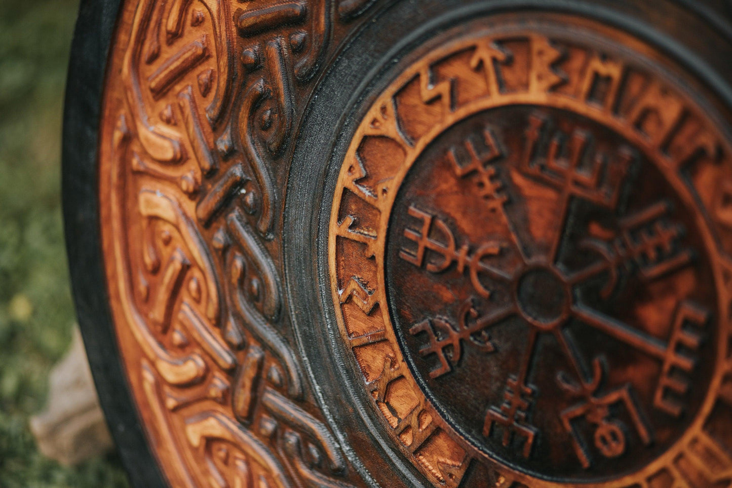 Handcarved Birch Viking Shield with Nordic Vegvisir Symbol, 24"