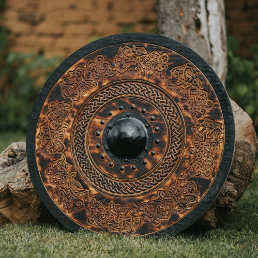 Handcarved Dark Stained Drake Knotwork Viking Shield, 24"