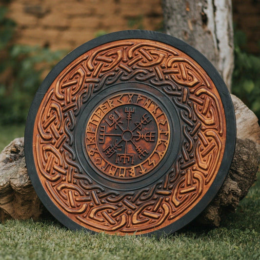 Handcarved Birch Viking Shield with Nordic Vegvisir Symbol, 24"