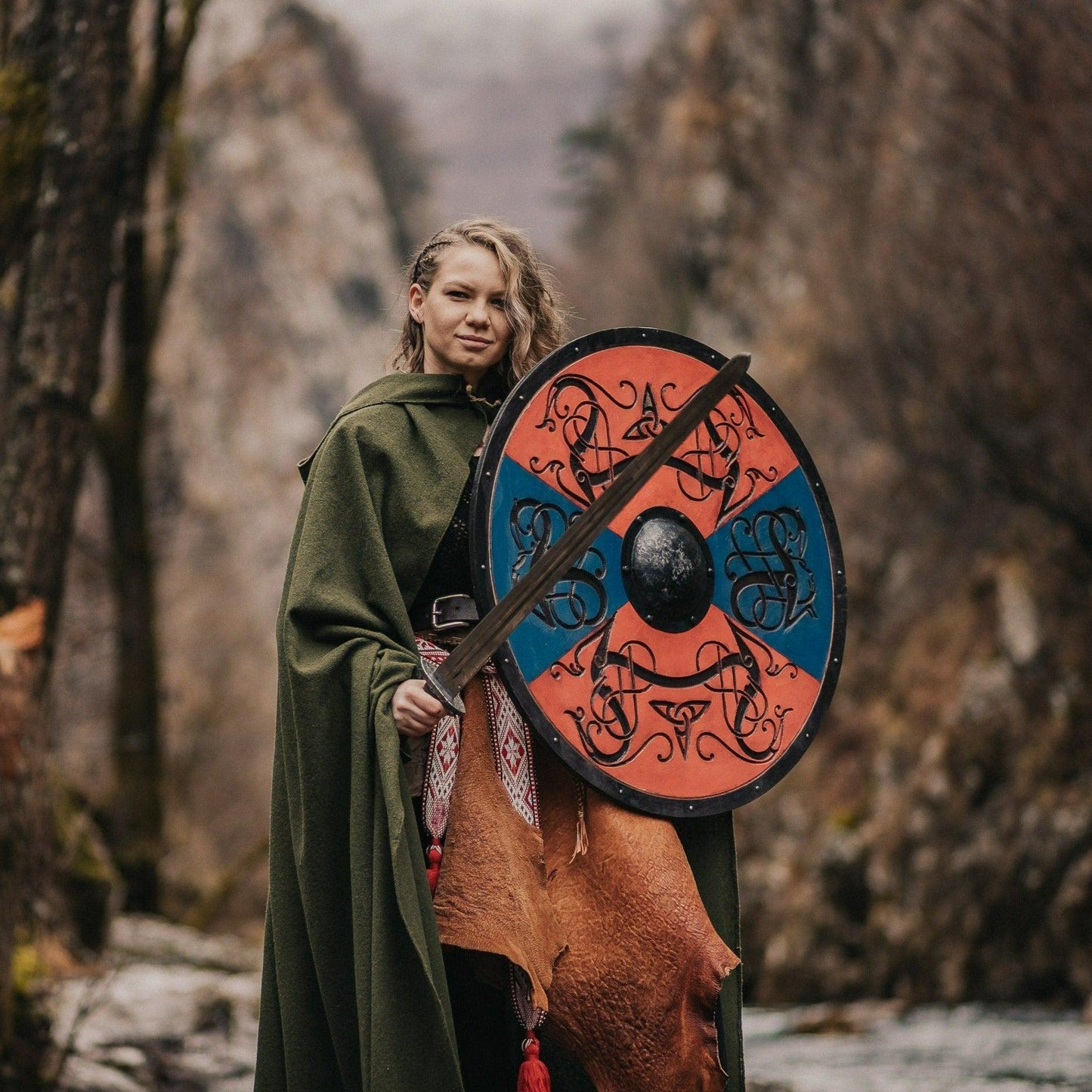 Authentic Handcarved Urnes Drake Knotwork Viking Shield, 24"