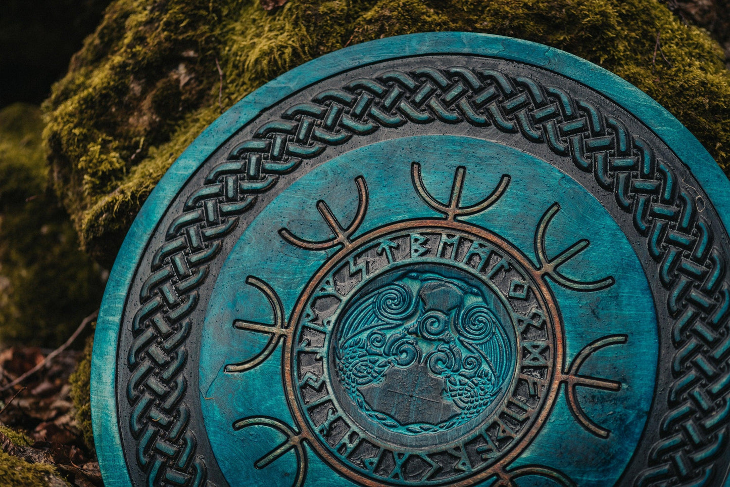 Viking Shield with Carved Odin's Raven Huginn and Muninn Symbols, 24"