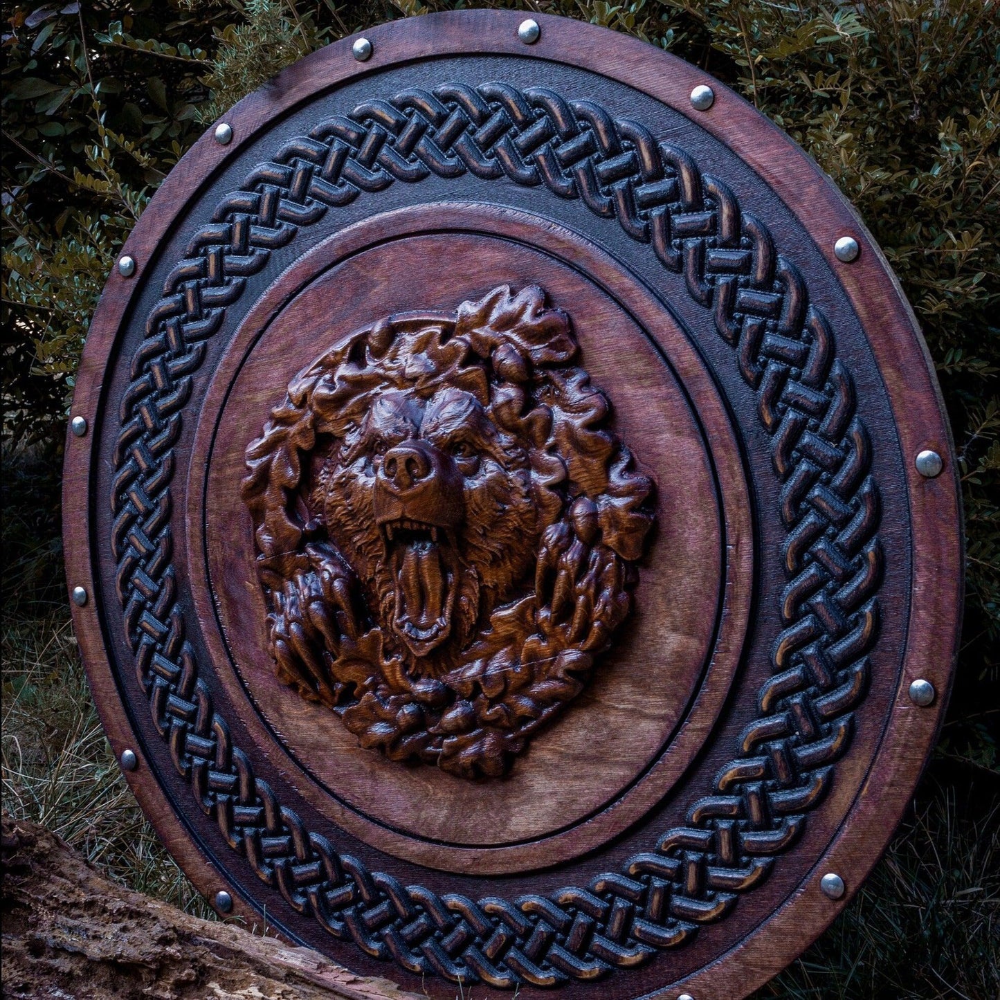 Berserker Bear Totem Oaken Carved Viking Shield, 24 - + engraved - collectiblegiftitems