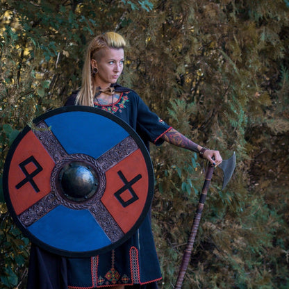 Handcarved Blue And Red Style Rune Viking shield, 24"