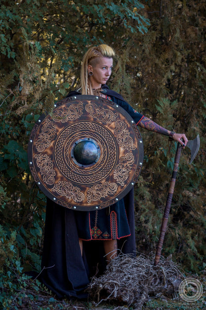 Handmade Viking Shield with Carved Jellinge Norse Drake Ornaments, 24"