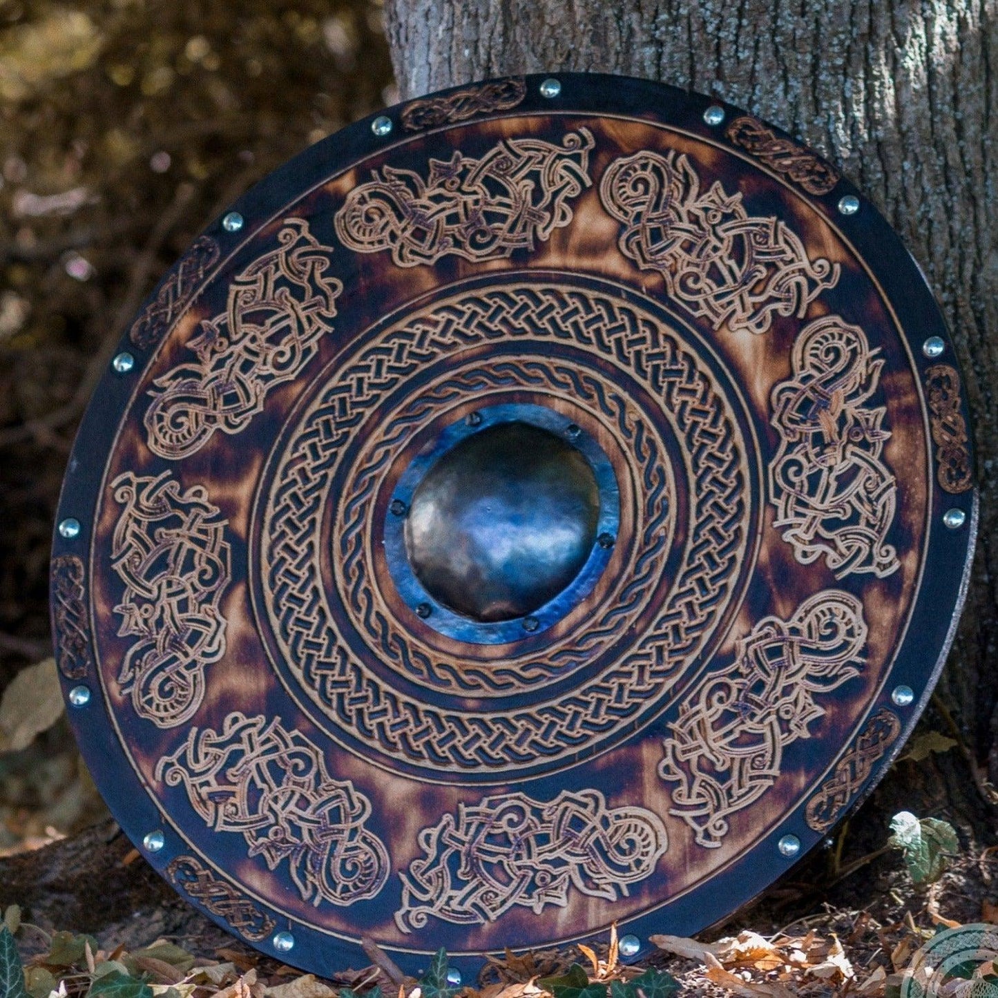 Handmade Viking Shield with Carved Jellinge Norse Drake Ornaments, 24"