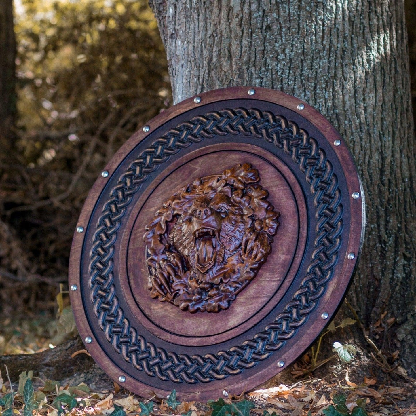 Berserker Bear Totem Oaken Carved Viking Shield, 24 - + engraved - collectiblegiftitems