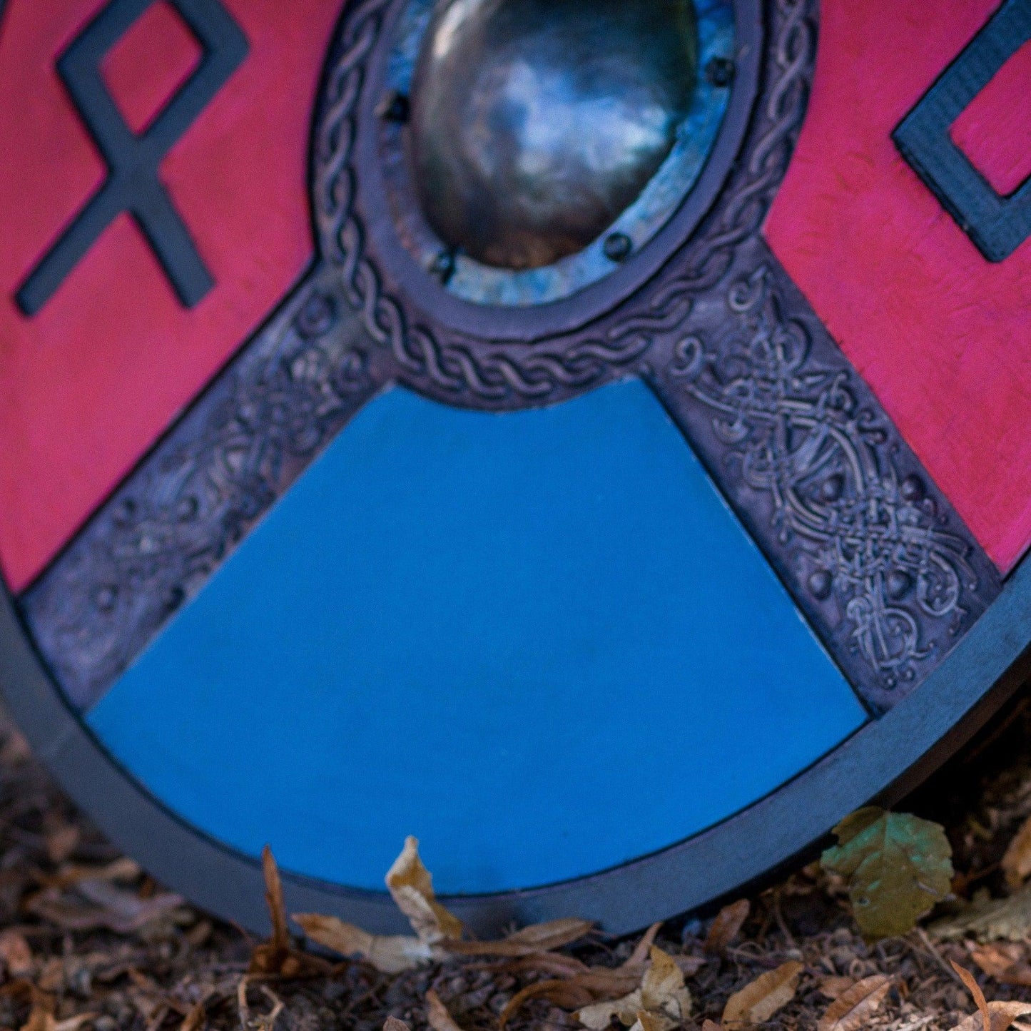 Handcarved Blue And Red Style Rune Viking shield, 24"