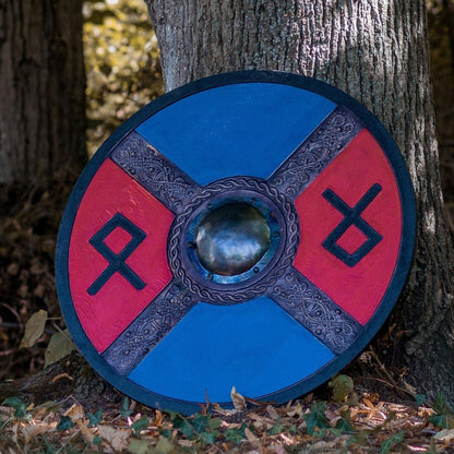 Handcarved Blue And Red Style Rune Viking shield, 24"