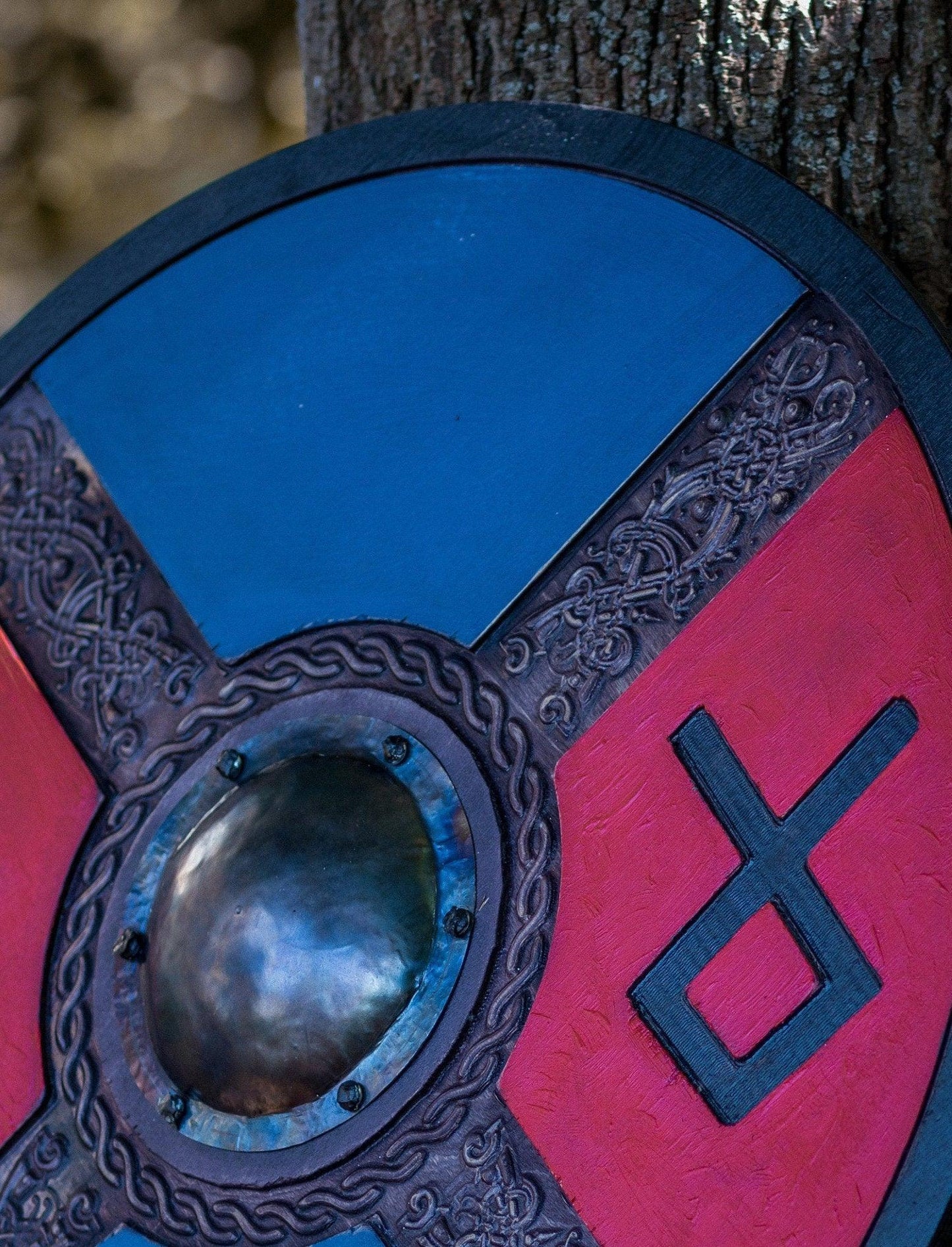 Handcarved Blue And Red Style Rune Viking shield, 24"