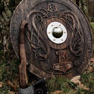 Handcarved Norse Runic Jörmungandr Ornaments Viking Shield, Large, 30 Inches - collectiblegiftitems