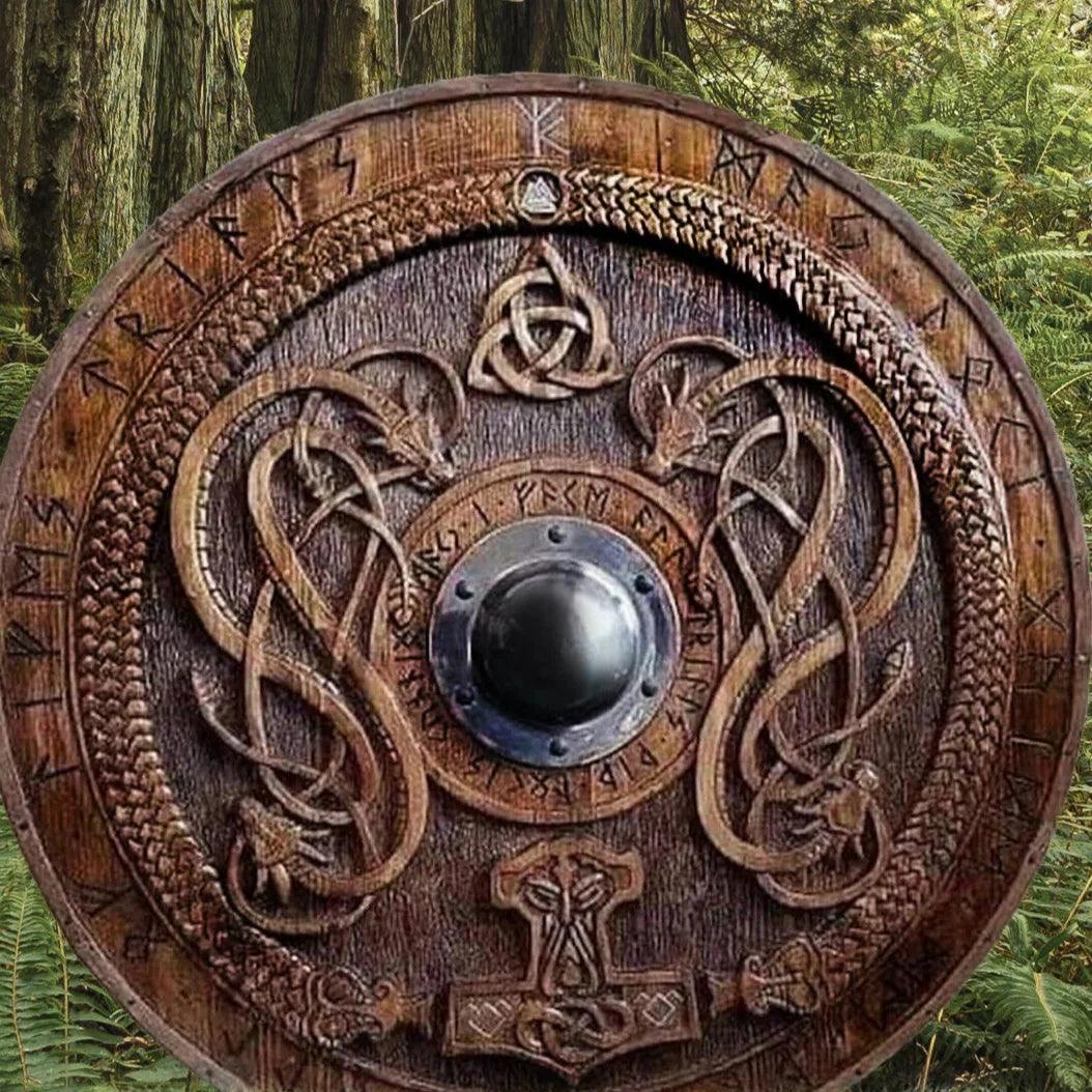 Carved Norse Runic Shield with Jörmungandr Ornaments, 24 Inches - collectiblegiftitems