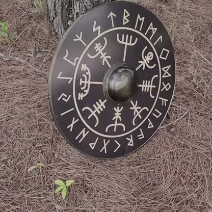 Smooth Wood & Steel Viking Shield with Helm of Awe Symbol, 24"