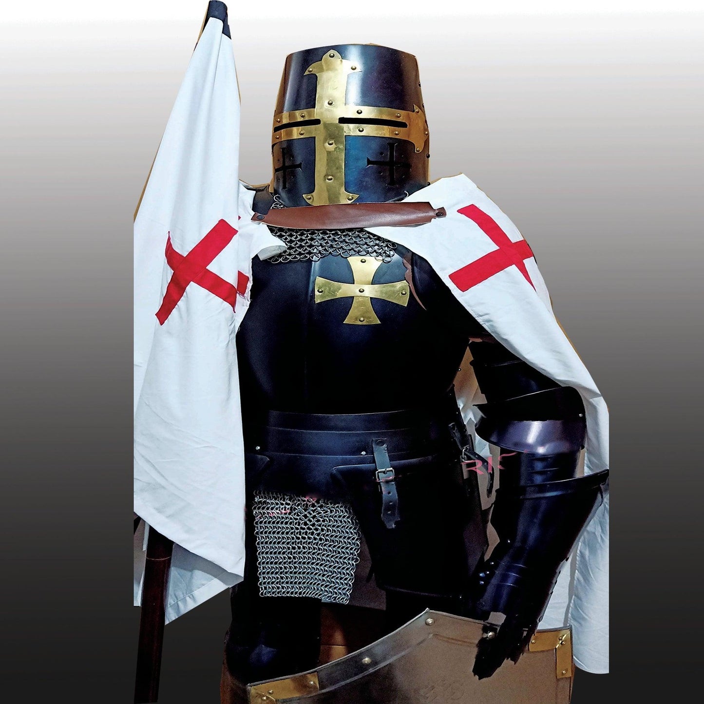 Crusader Templar Knight Medieval Armor Suit with Shield Cloak and Flag - collectiblegiftitems