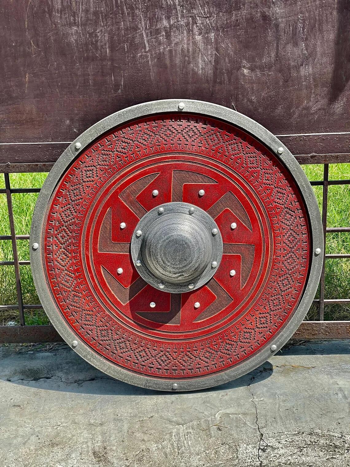 Red Carved Kolovrat Slavic Sun Viking Shield, 24"