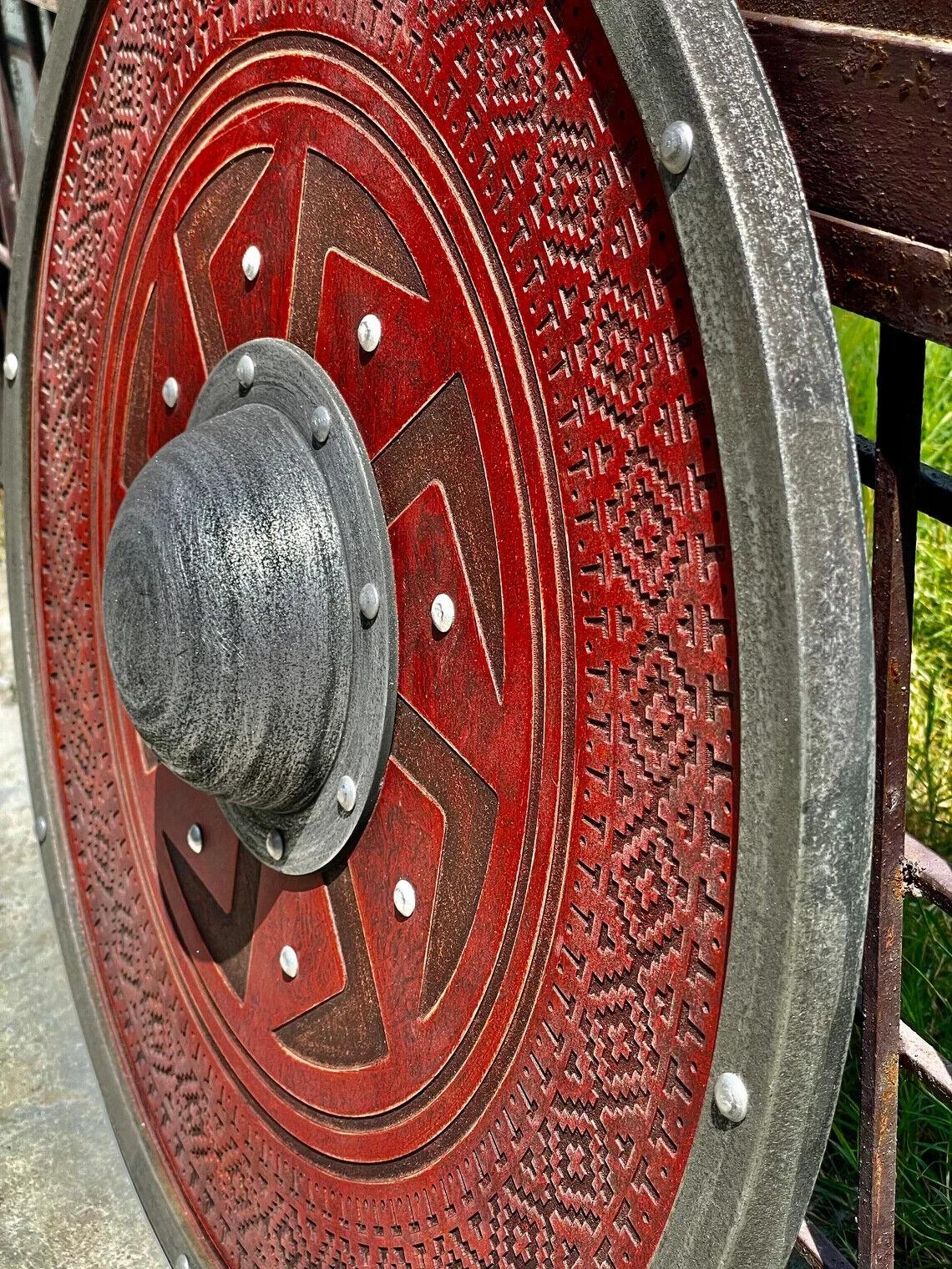 Red Carved Kolovrat Slavic Sun Viking Shield, 24"