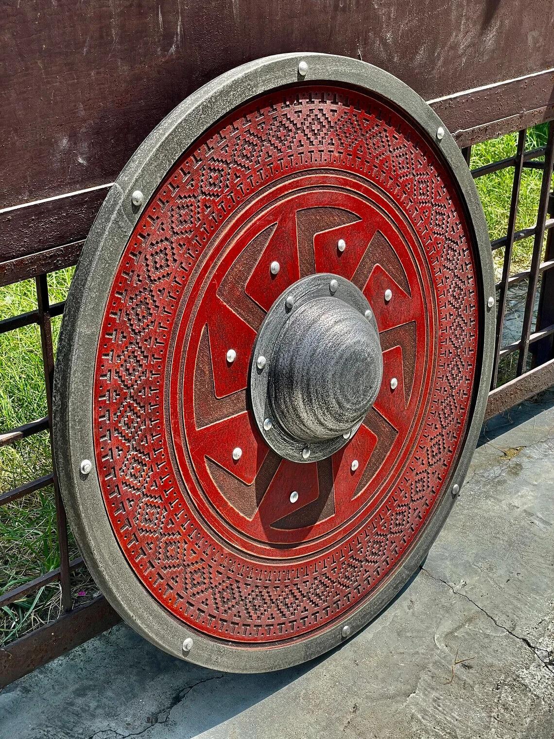 Red Carved Kolovrat Slavic Sun Viking Shield, 24"