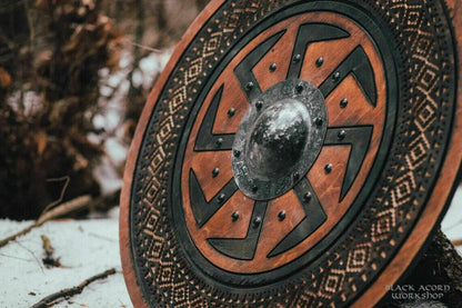 Carved Kolovrat Slavic Sun Viking Shield, 24"