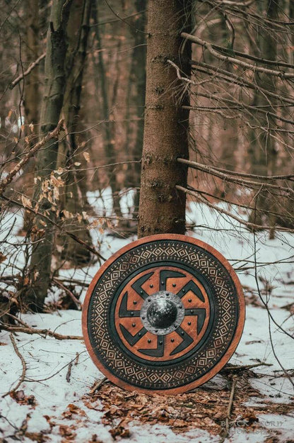 Carved Kolovrat Slavic Sun Viking Shield, 24"