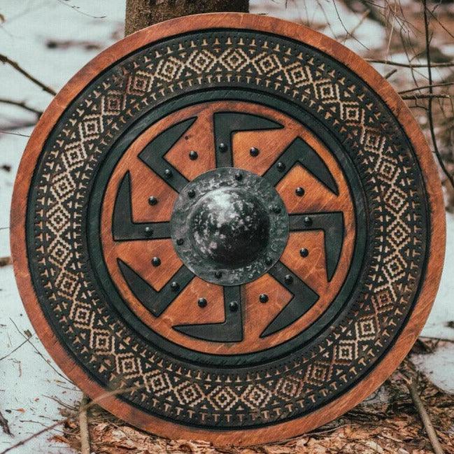 Carved Kolovrat Slavic Sun Viking Shield, 24"