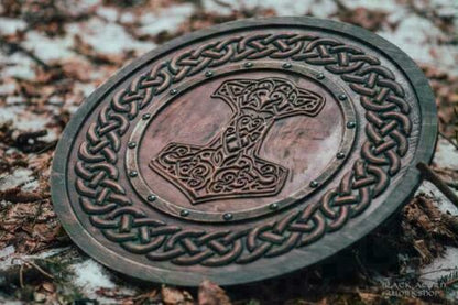 Carved Hammer Of Thor Mjolnir Knotwork Viking Shield, 24"