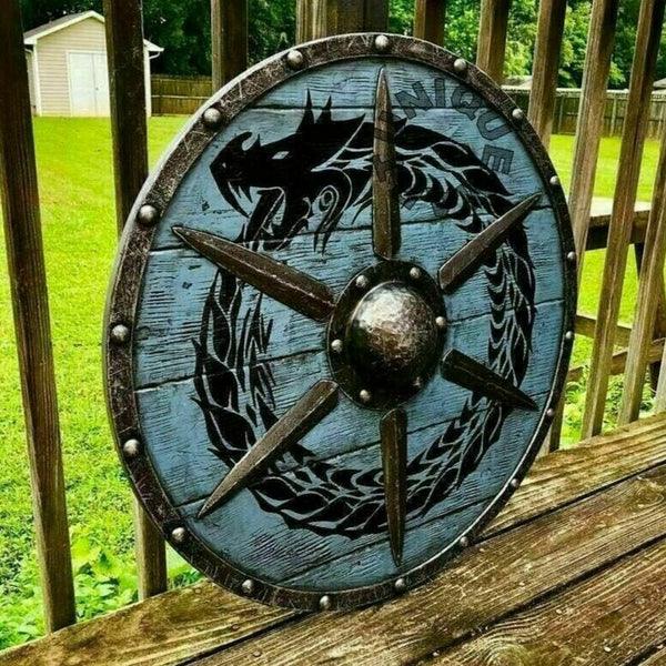 Jormungandr Plank Viking Shield with Steel Braces, 24" Blue