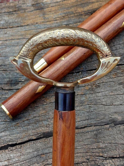 Brass Ring Design Head Handle Nautical Brown Wooden Walking Stick Cane Best Look - collectiblegiftitems