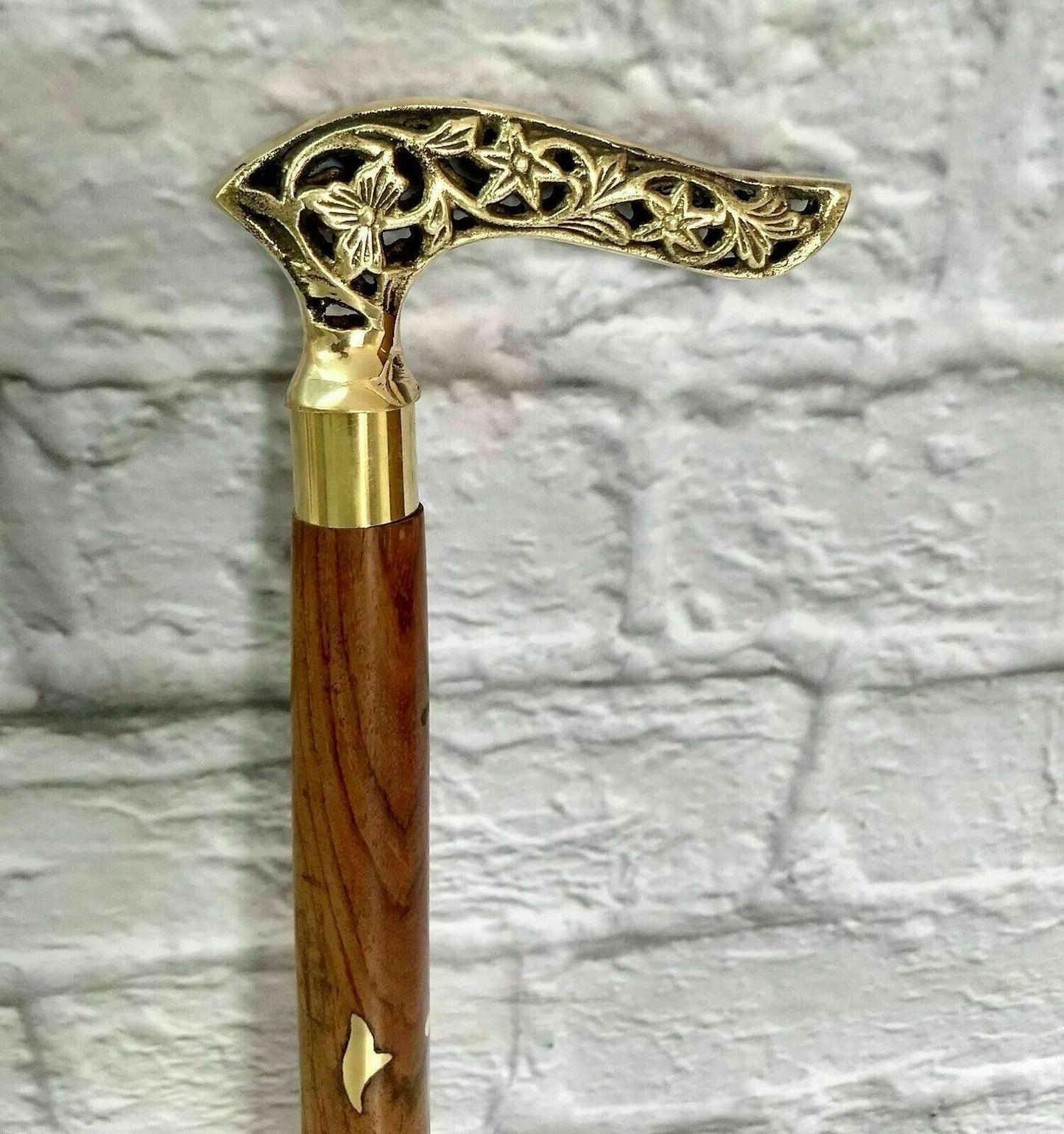 Antique Brass Victorian Handle Wooden Vintage Style Walking Stick Cane Designer - collectiblegiftitems