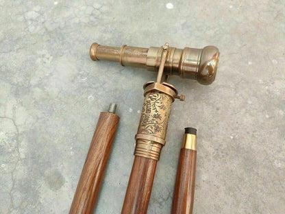 Victorian Spy Telescope & Antique Compass Brass Handle Wooden Walking stick Cane - collectiblegiftitems