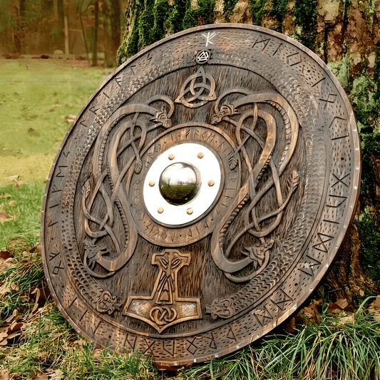 Handcarved Norse Runic Jörmungandr Ornaments Viking Shield, Large, 30 Inches - collectiblegiftitems