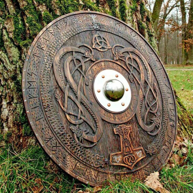 Handcarved Norse Runic Jörmungandr Ornaments Viking Shield, Large, 30 Inches - collectiblegiftitems