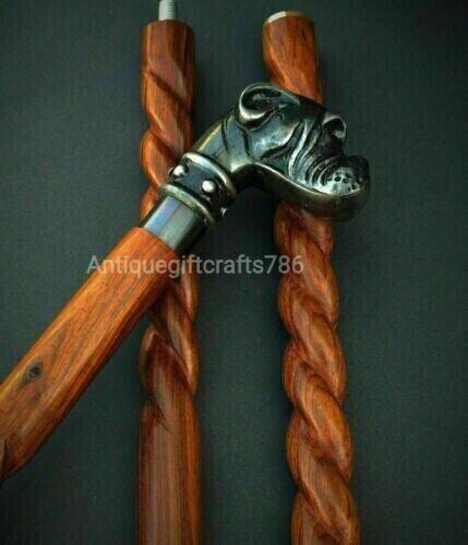 Vintage Bulldog Head Handle Victorian Walking Stick Wooden Cane Antique Gift - collectiblegiftitems