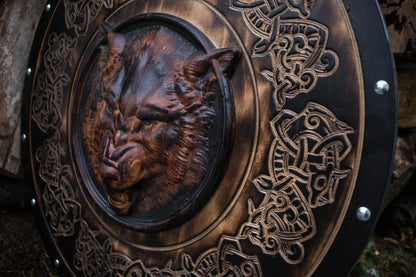 Fenrir Viking Shield with Handcarved Wolf Head, 24"