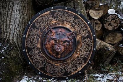 Fenrir Viking Shield with Handcarved Wolf Head, 24"