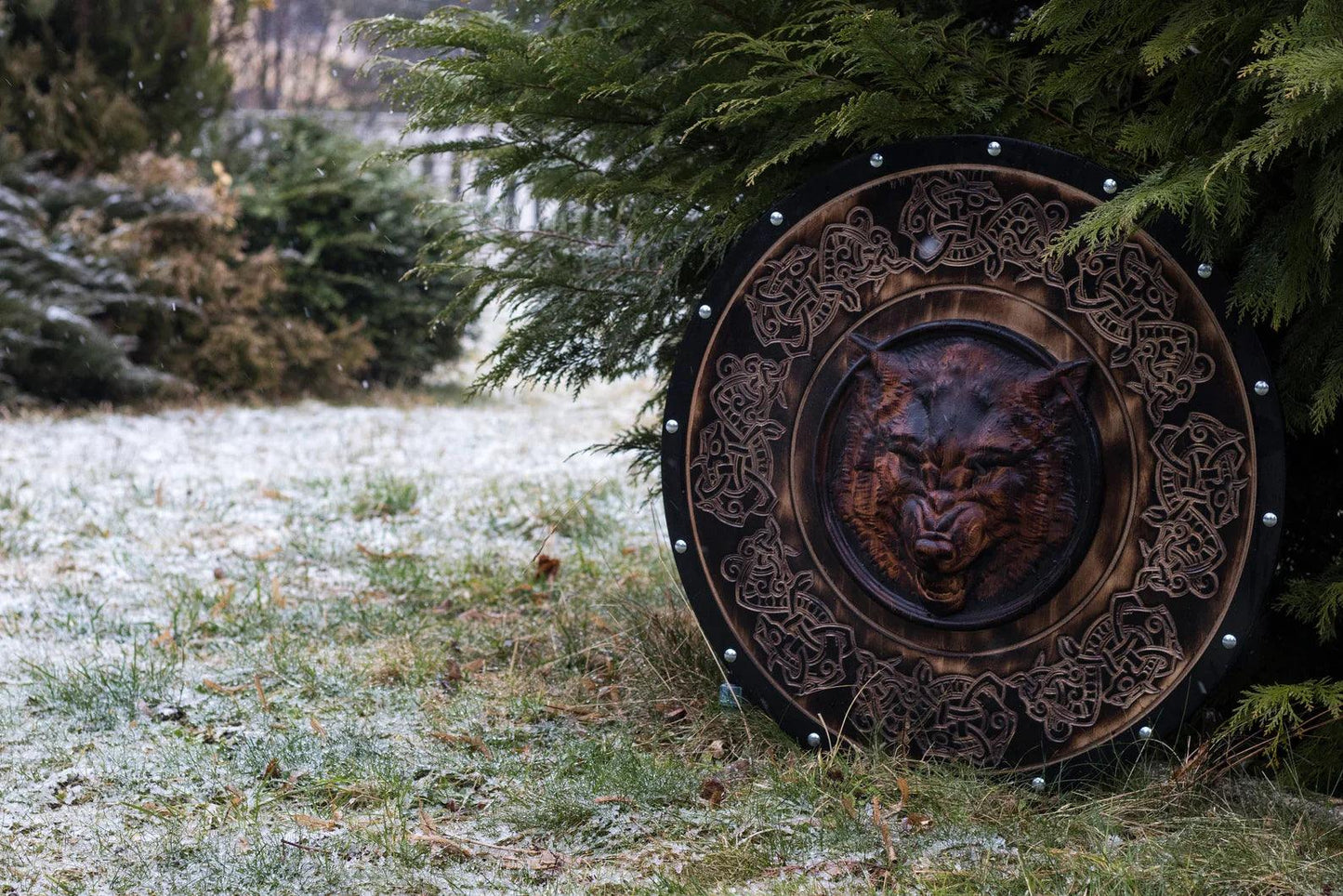 Fenrir Viking Shield with Handcarved Wolf Head, 24"