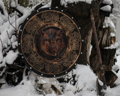 Fenrir Viking Shield with Handcarved Wolf Head, 24"